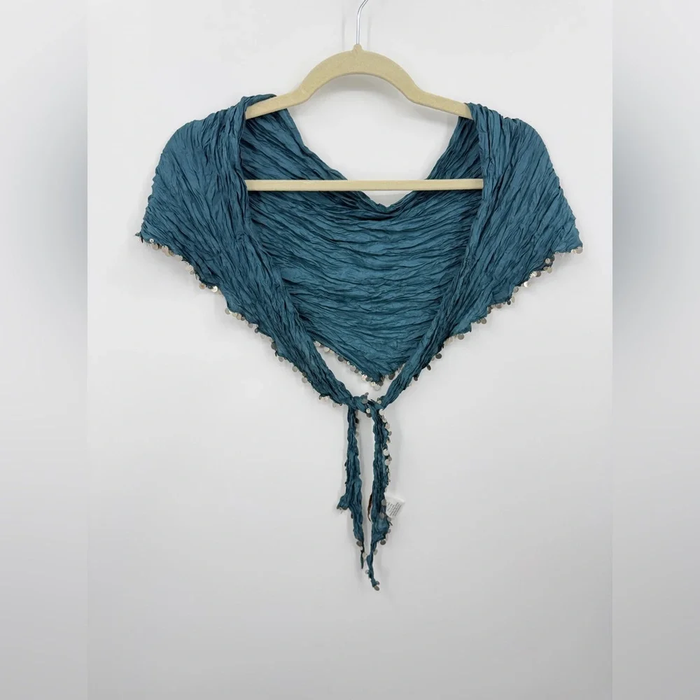 Coldwater creek scarf teal‎ 100% silk embellishment silver sequins trim